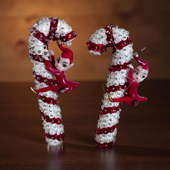 Vintage Japan Elf on Candy Cane Ornaments • 1950s Beaded Sequin Santa Elf Pair • - Picture 1 of 7